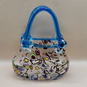 Vintage Murano Art Glass Purse Vase, Blue Handles, Millefiori Flowers
